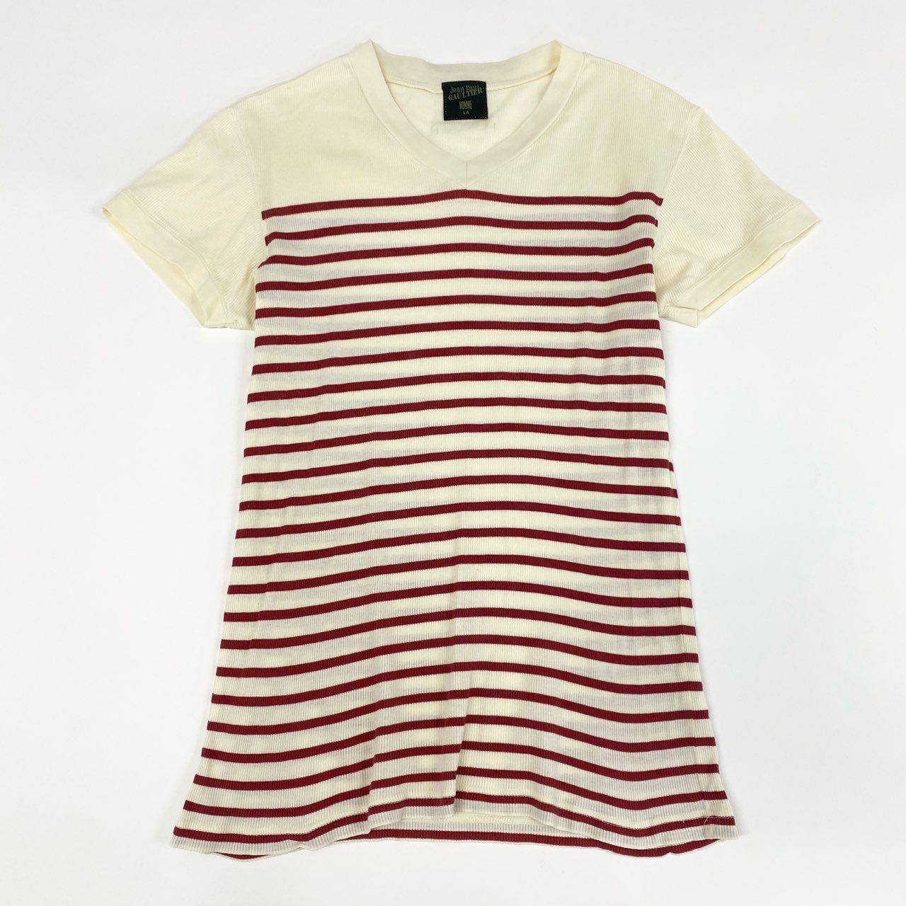 7f11 Jean Paul GAULTIER HOMME ジャンポールゴルチエオム 00s チビT Vネック ボーダーカットソー LA ホワイト レッド MINI Tシャツ
