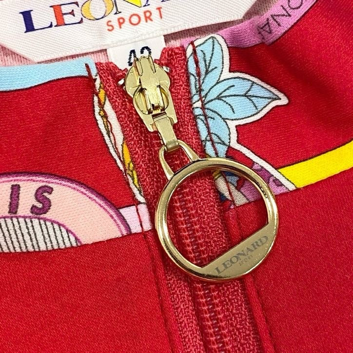 80g23 【美品】 LEONARD SPORT レオナールスポーツ ハーフジップ カットソー トップス 長袖 コットン 総柄 スタンドカラー レディース 女性用 0538194 42 レッド 綿100%