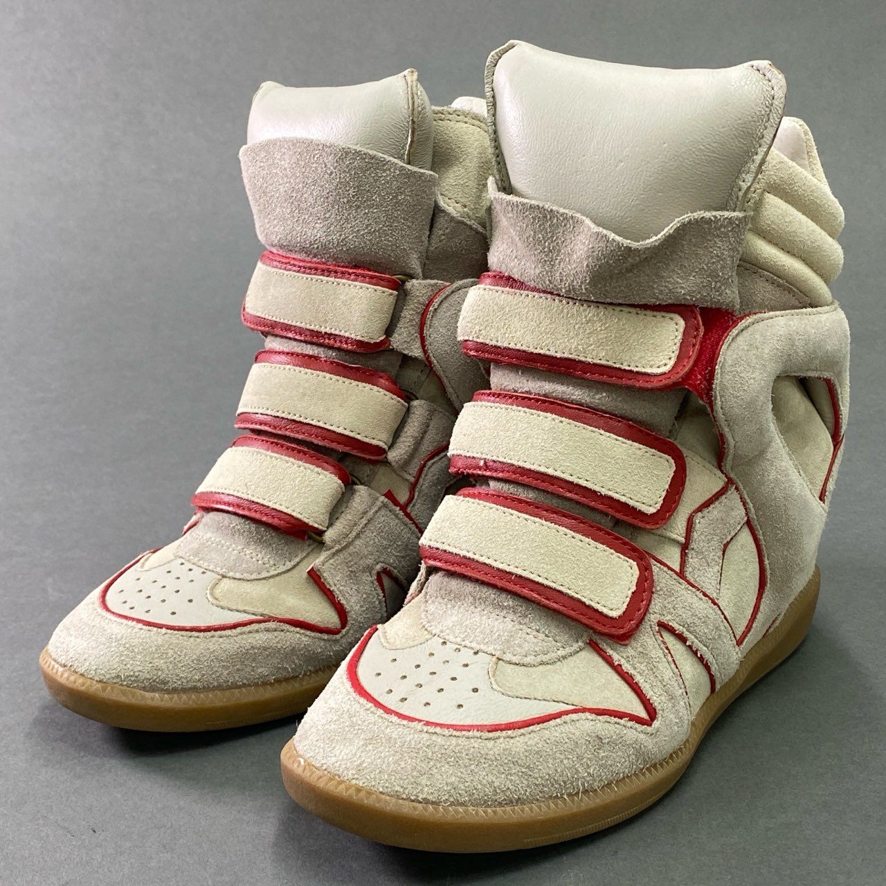7c11 ISABEL MARANT イザベルマラン スエードレザー インヒール ハイカットスニーカー 36 グレージュ レッド スウェード ベルクロ シューズ