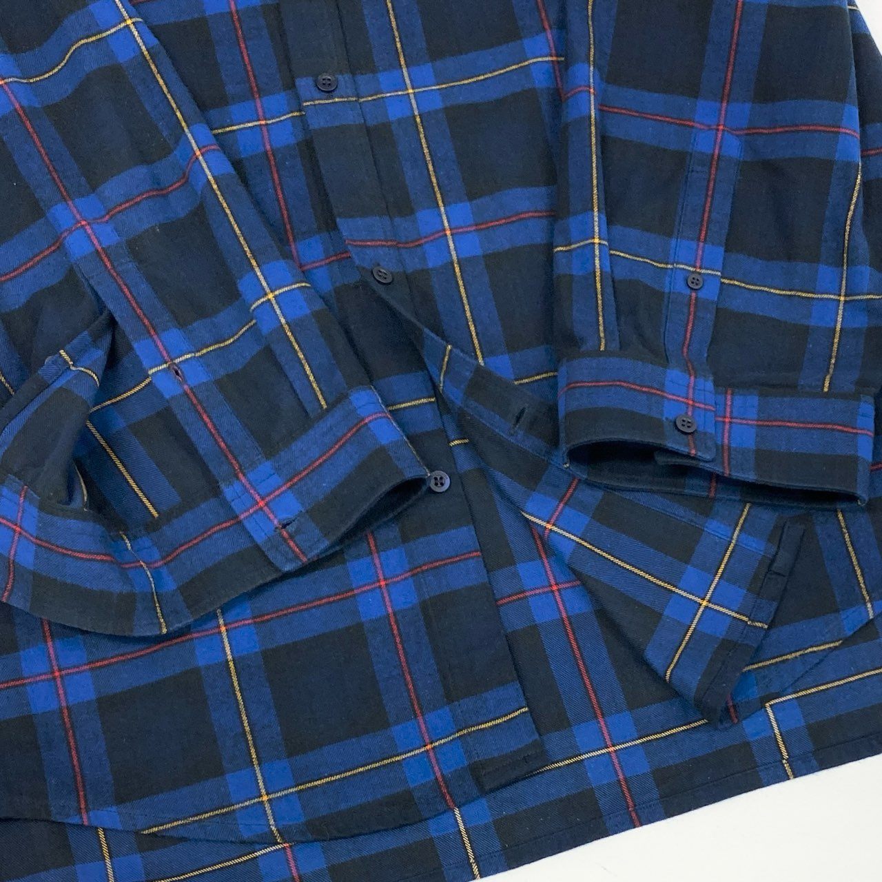 48h15 BALENCIAGA バレンシアガ ブロックチェック オーバーサイズ フランネルシャツ 長袖シャツ ロゴプリント ロングスリーブ 630963 36 ネイビー メンズo07t