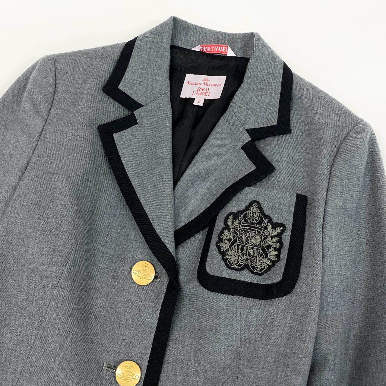 11f12 Vivienne Westwood RED LABEL ヴィヴィアンウエストウッド レッドレーベル テーラードジャケット ブレザー オーブ金ボタン ワッペン パイピング サイズ2 グレー ウール100 レディース 女性用