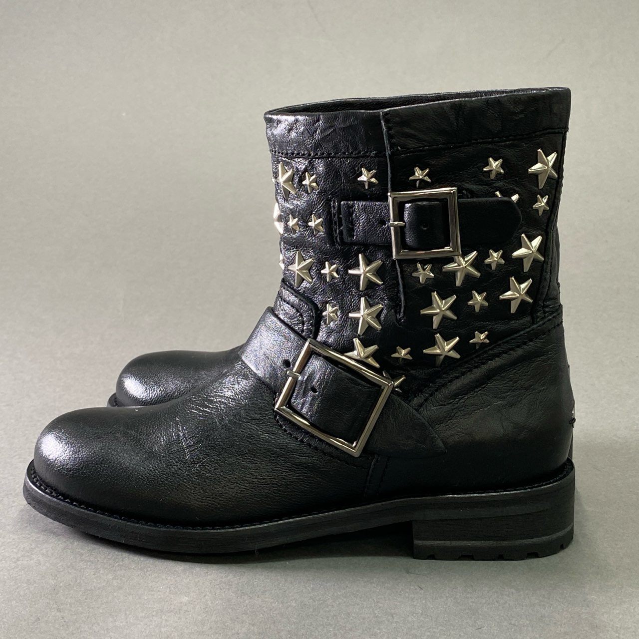 3d16 《美品》 JIMMY CHOO ジミーチュウ スタースタッズ バイカーブーツ 35 1/2 ブラック レザー シューズ イタリア製