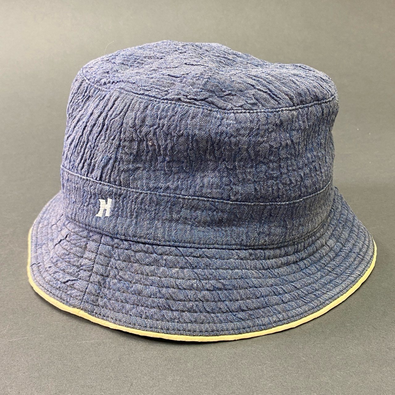 b17 HERMES エルメス 刺繍Hロゴ バケットハット 58 ブルー 帽子 シワ加工
