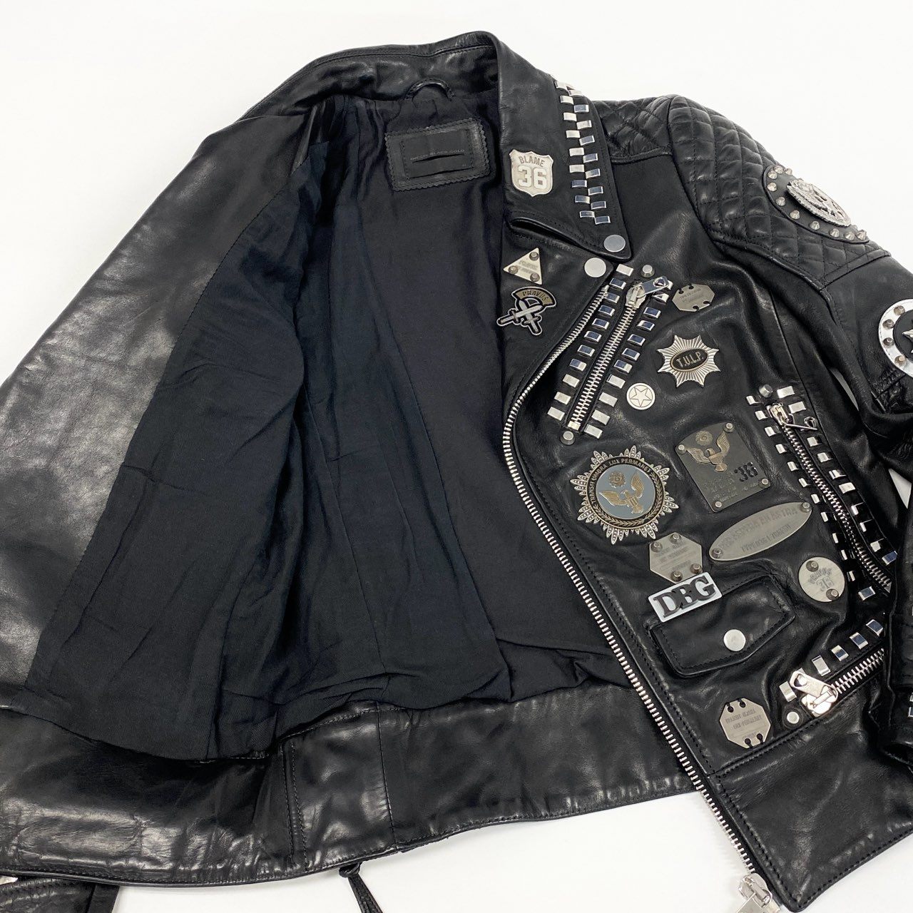 77d30 DIESEL BLACK GOLD ディーゼル ブラックゴールド スタッズ ダブルライダースジャケット 鋲ジャン ラムレザージャケット バイカー パンク 装飾 DBG 44 ブラック 羊革
