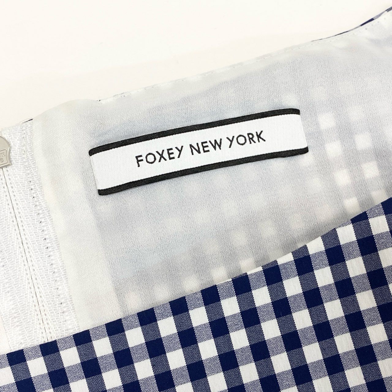 24d3 FOXEY NEW YORK フォクシー ニューヨーク ノースリーブワンピース カジュアルワンピース ギンガムチェック バックジップ 40087 サイズ40 ブルー ホワイト レディース 日本製