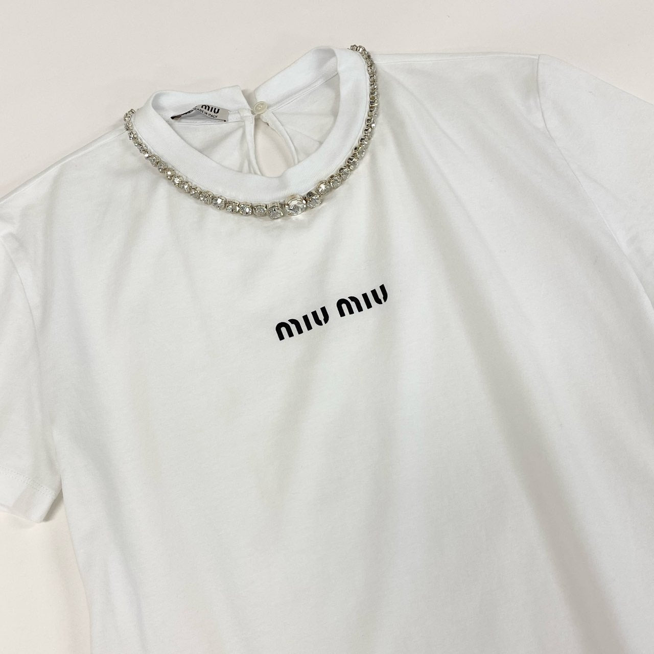 77f24 miu miu ミュウミュウ ロゴプリント 半袖カットソー ラインストーン Tシャツ ショートスリーブ トップス MJN264 XSサイズ ホワイト コットン レディース