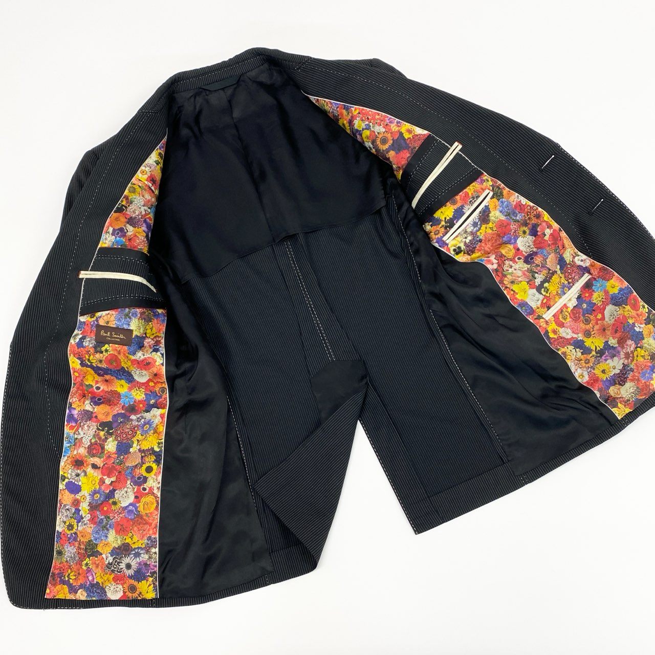 51a15 Paul Smith COLLECTION ポールスミスコレクション 裏地花柄 シングルスーツ セットアップ テーラードジャケット/スラックス サイズM ブラック ストライプ メンズ 日本製