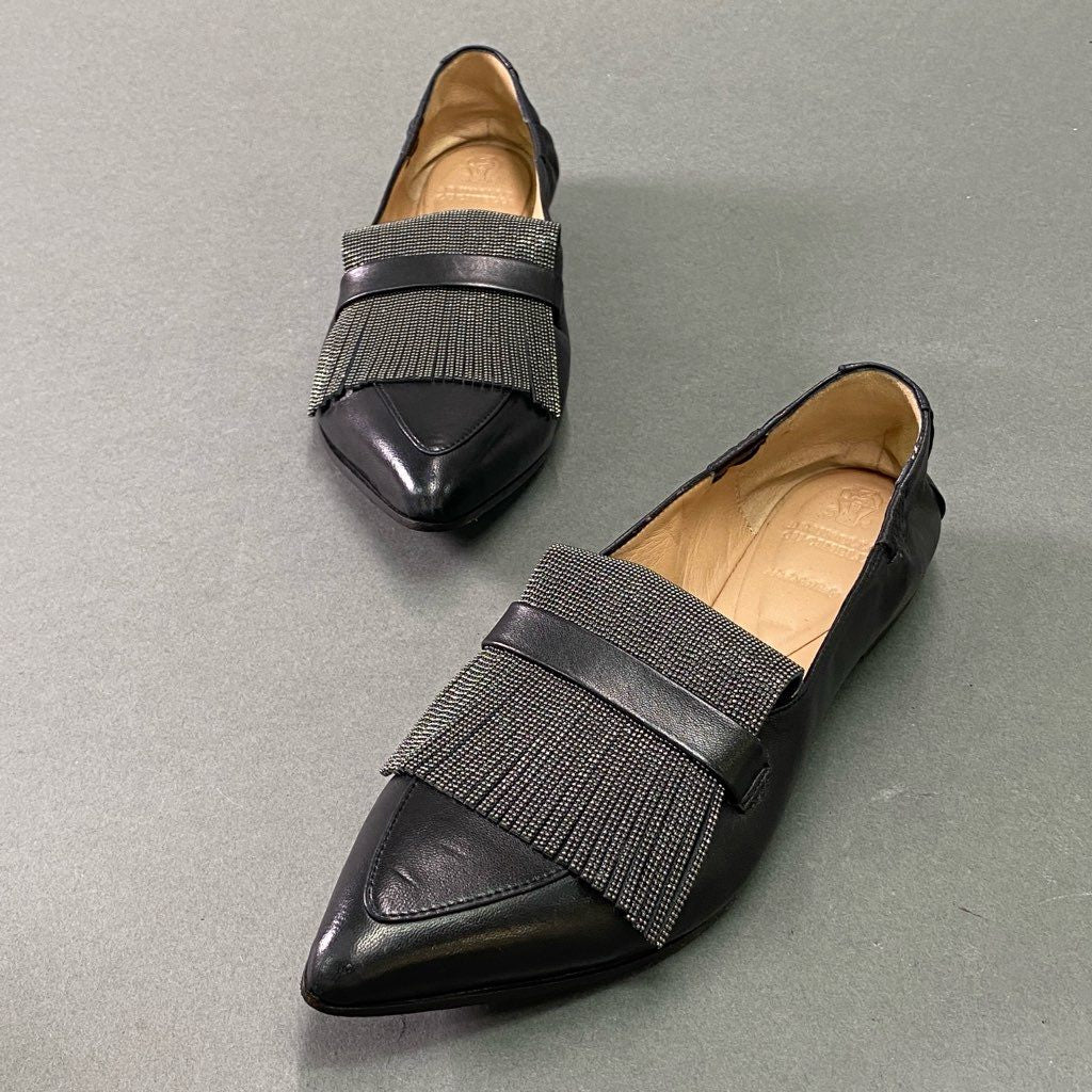 2e10 BRUNELLO CUCINELLI ブルネロクチネリ ラメフリンジ ローファー 37 1/2 ブラック レザー 革靴 フラットシューズ イタリア製