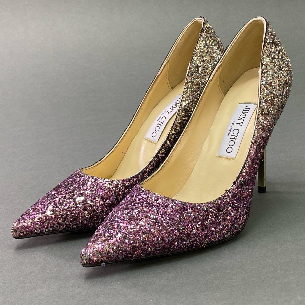 1d12 《美品》 JIMMY CHOO ジミーチュウ グリッター パンプス ピンヒール ラメ イタリア製 ハイヒールパンプス レディース 38 ピンク系 結婚式