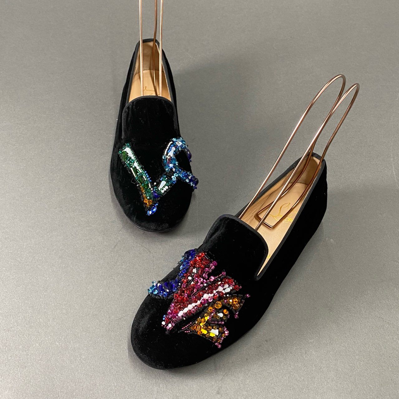 3i27 Christian Louboutin クリスチャンルブタン LOVE ビーズ ベルベット スリッポン シューズ パンプス フラット イタリア製 36 ブラック マルチカラー ベロア
