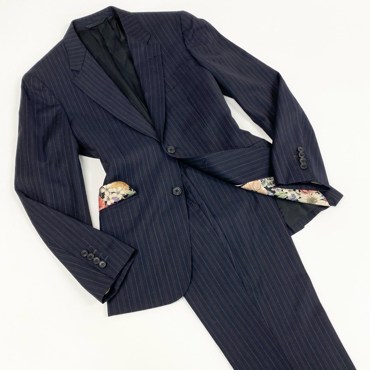 23l14 Paul Smith ポールスミスLoroPiana ロロピアーナ生地 4シーズン 裏地花柄 総柄 2B シングルスーツ セットアップ サイズM ネイビー メンズ 紳士 通年