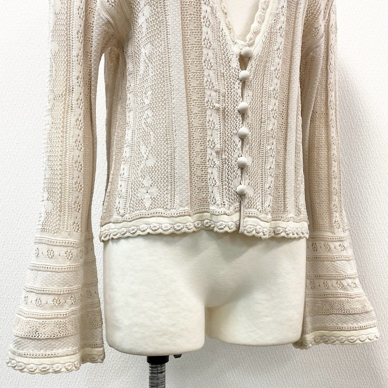 71f27 Mame Kurogouchi マメクロゴウチ Traditional Curtain Lace Knitted Cardigan ニットカーディガン トップス サイズ1 アイボリー レディース 日本製