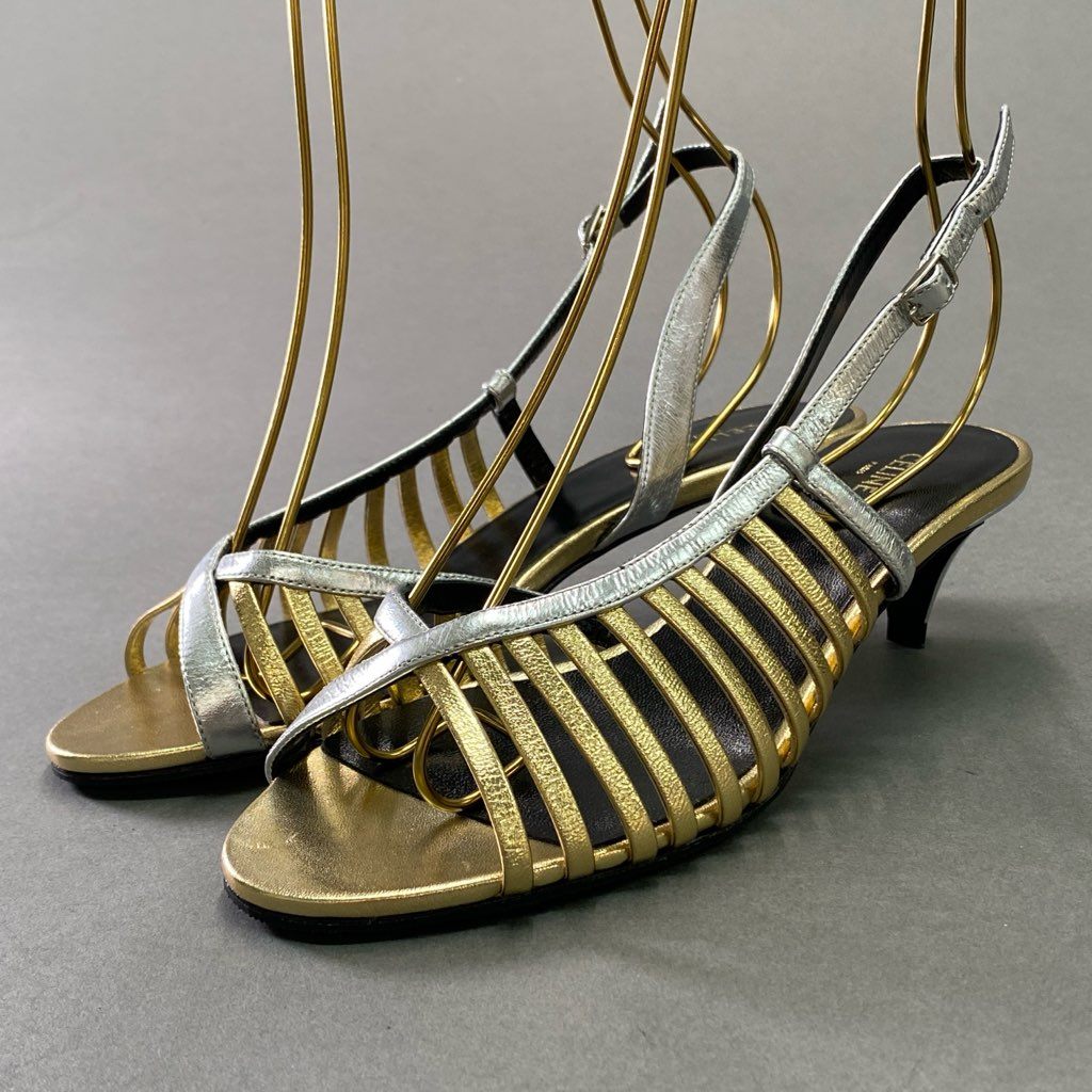 3d5 CELINE セリーヌ スリングバック ローヒール サンダル パンプス グラディエーター 35 ゴールド シルバー