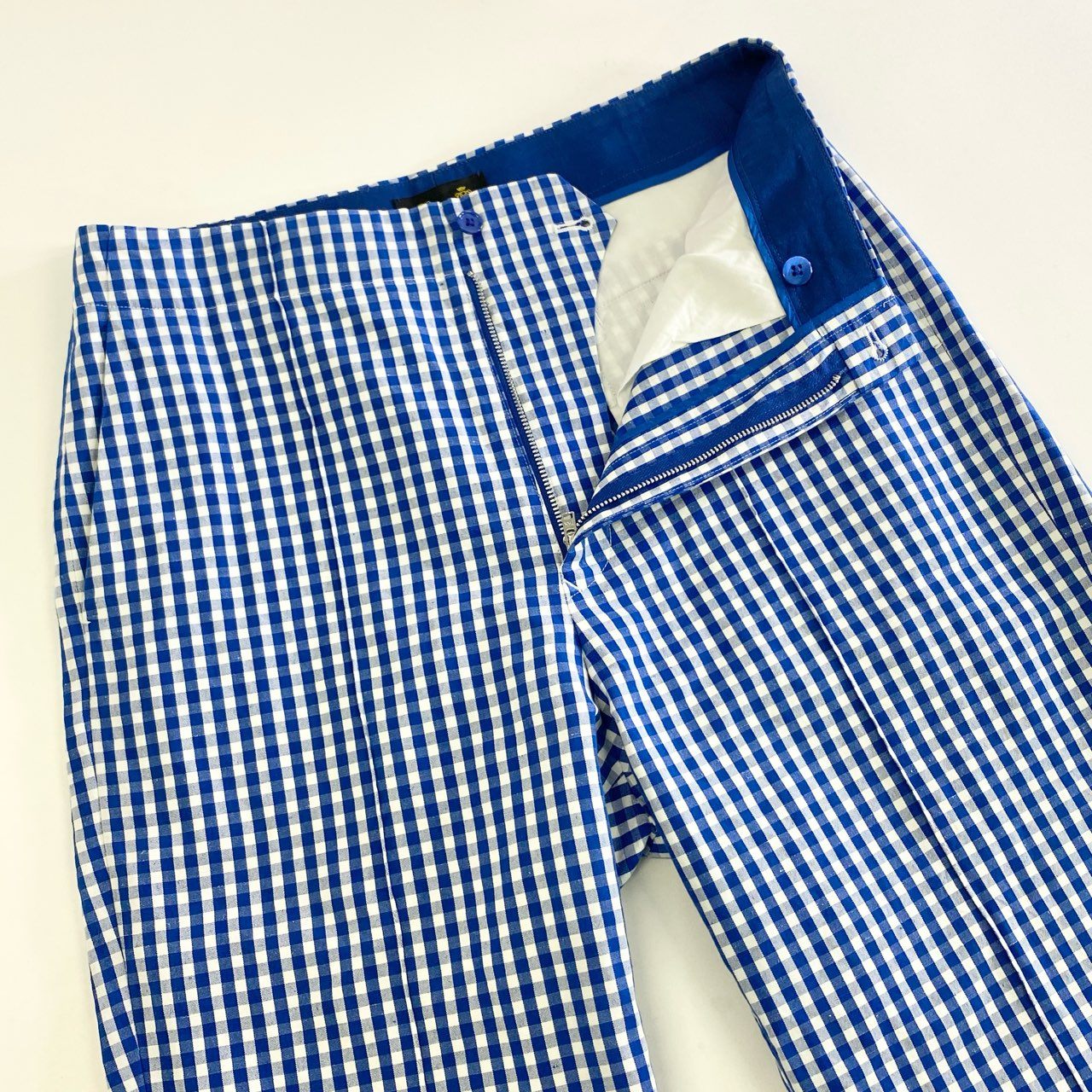 52k9 《美品》定価¥50,600 Drawer ドゥロワー ギンガムチェックステッチパンツ 38 ブルー リネン混 日本製 UNITED ARROWS