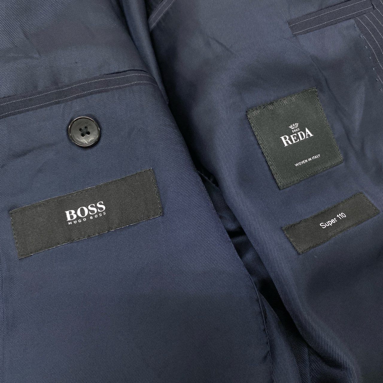 50h25 HUGO BOSS ヒューゴボス REDA SUPER110 セットアップ スーツ ストライプ ビジネス フォーマル 48 ネイビー ウール メンズo07t