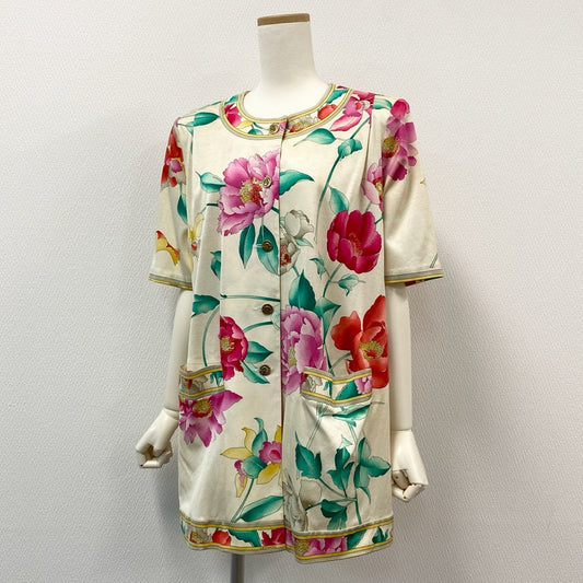 76i12 LEONARD レオナール 美しい花柄プリント 半袖チュニック ブラウス カットソー トップス L マルチカラー コットン レディースu02t
