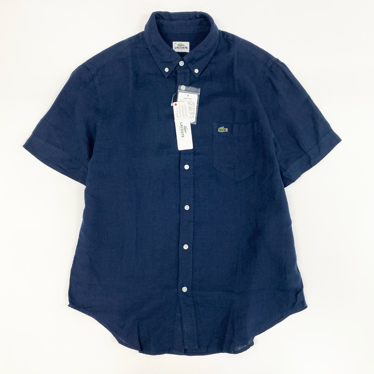 18f19 《未使用保管品》タグ付 LACOSTE ラコステ 総リネン ボタンダウン半袖シャツ ビジネス◎ カジュアル◎ CH8736 4 Lサイズ ネイビー 麻100%