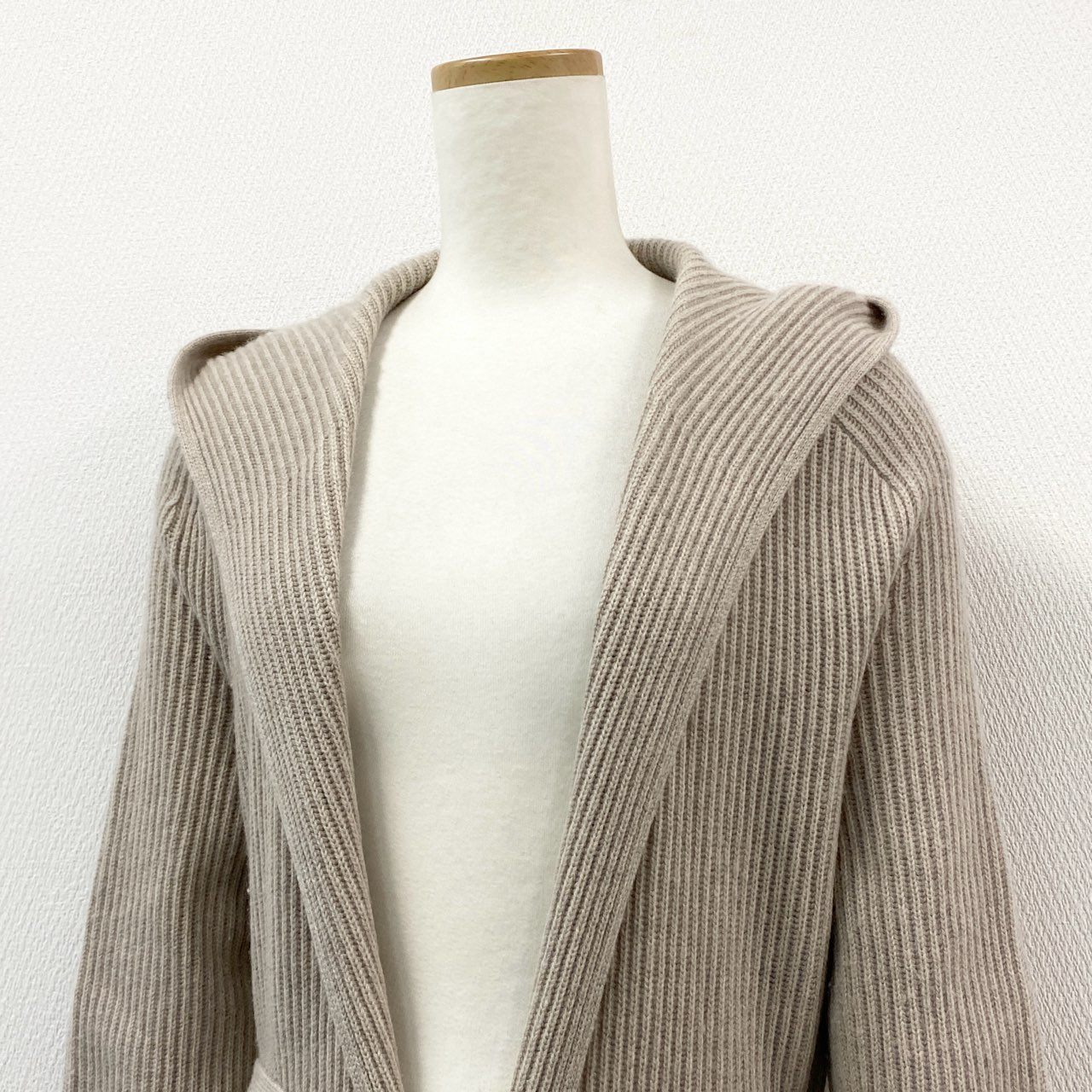 61g23 MAX MARA 白タグ フード ベルテッド ロングカーディガン ガウンコート ニット ウエストマーク グレージュ レディース