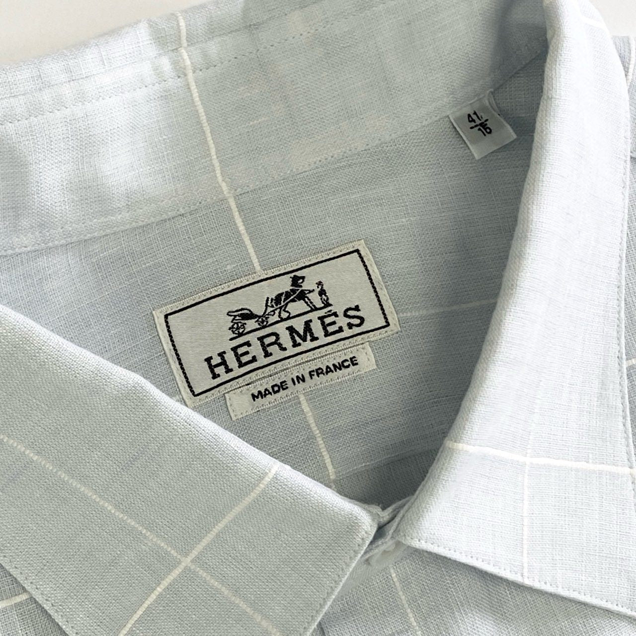 1k4 HERMES エルメス フランス製 総リネン チェック柄 半袖シャツ ショートスリーブ 41/16 Lサイズ相当 ブルー リネン100%