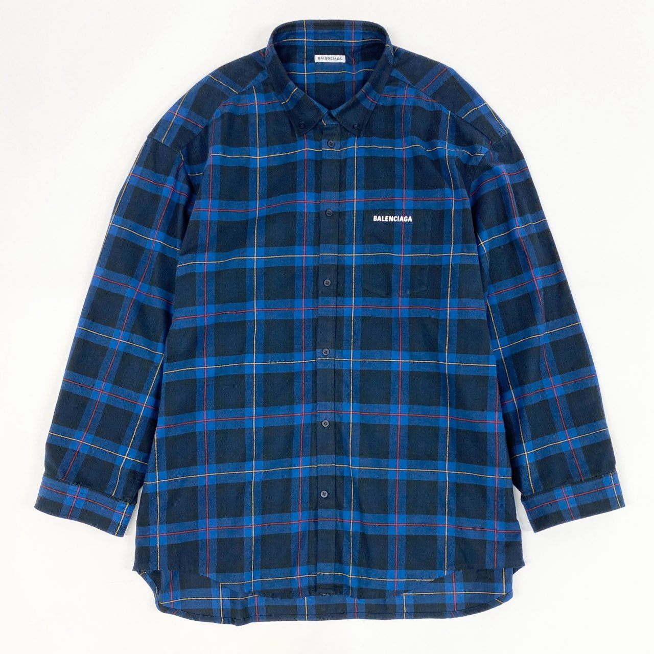48h15 BALENCIAGA バレンシアガ ブロックチェック オーバーサイズ フランネルシャツ 長袖シャツ ロゴプリント ロングスリーブ 630963 36 ネイビー メンズo07t