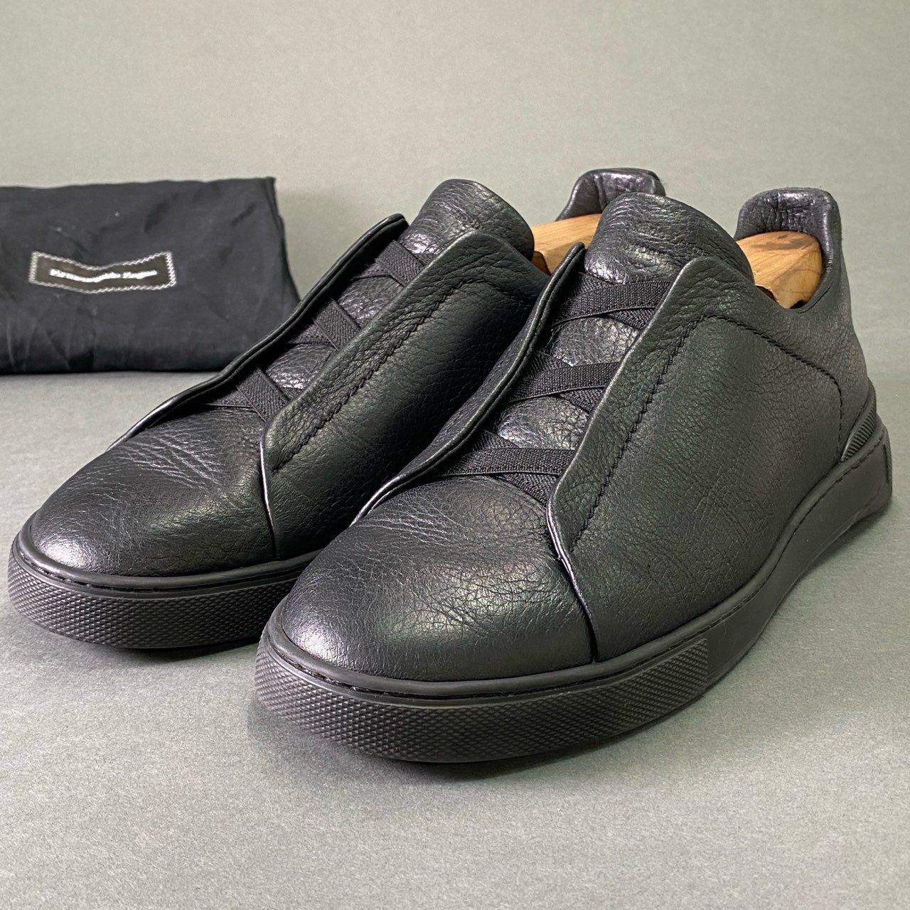 2e2 Ermenegildo Zegna エルメネジルド ゼニア ディアスキン トリプルステッチ スニーカー 7 1/2 ブラック レザー シューズ 革靴 スリッポン
