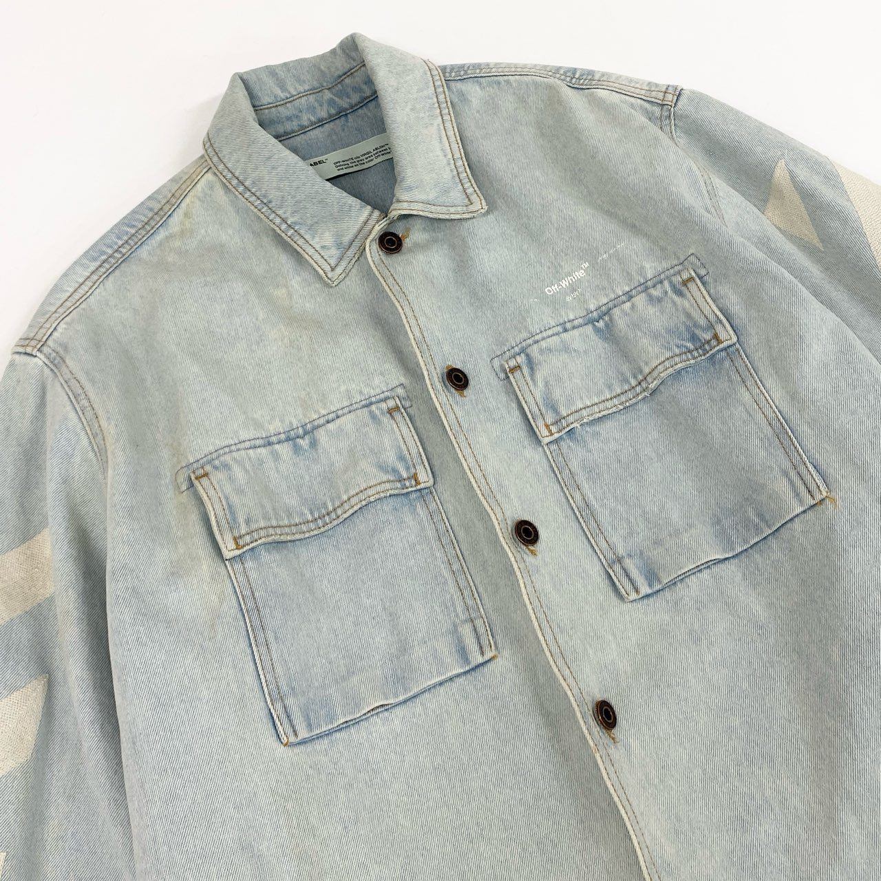 27a17 OFF-WHITE オフホワイト Diag Oversize Denim Shirt ダメージ加工 ロゴ オーバーサイズ デニム シャツ ジャケット OMYD017R20386018 M インディゴ デニム
