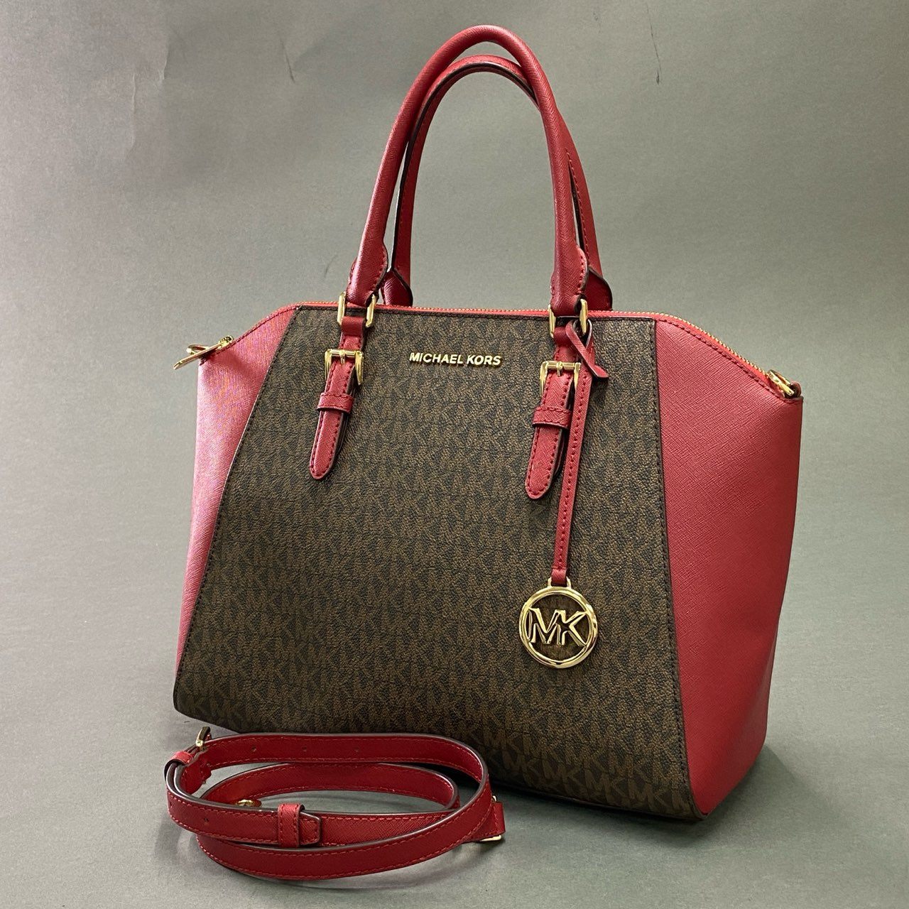 Fc21 MICHAEL KORS マイケルコース シグネチャー 2WAY ショルダーバッグ レッド ブラウン カバン ゴールドチャーム