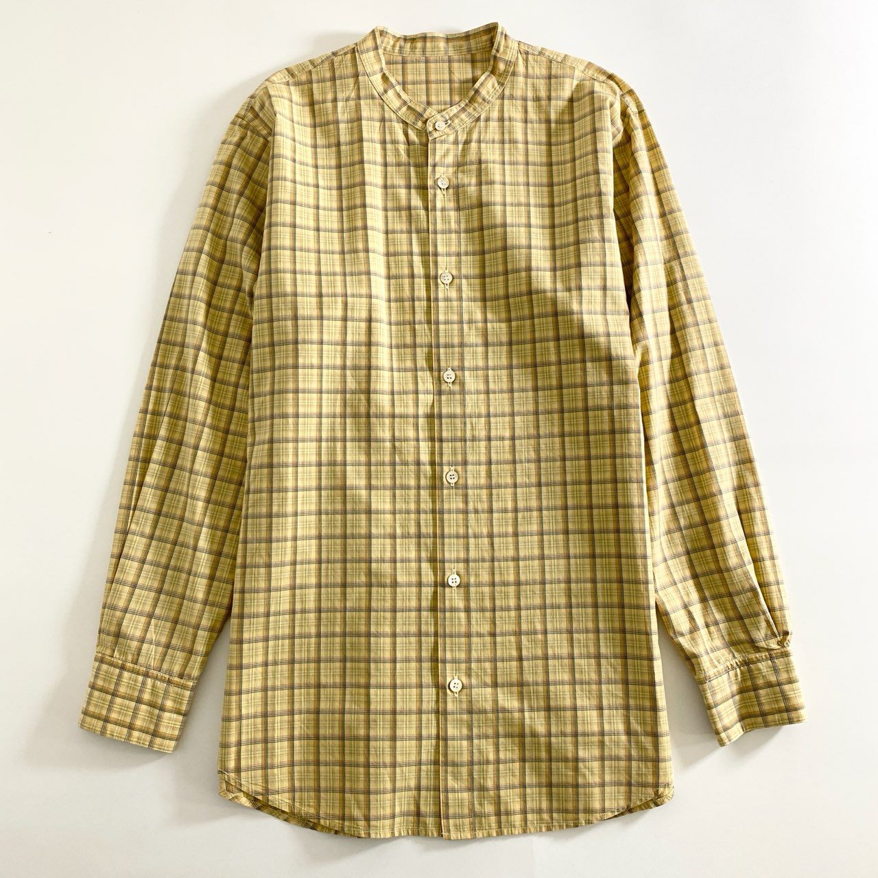 77d12 日本製 Papas パパス 長袖シャツ チェックシャツ バンドカラーシャツ M イエロー×ホワイト コットン100% メンズ 紳士服