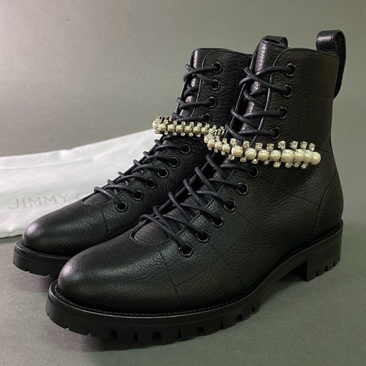 3b7 JIMMY CHOO ジミーチュウ CRUZ FLAT クリスタル パールブーツ 36 1/2 ブラック レザー ビジュー シューズ イタリア製
