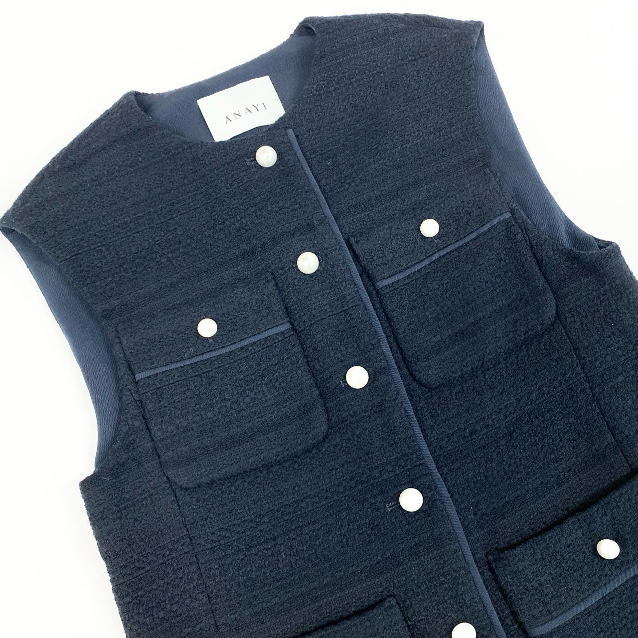68g21 《美品》 ANAYI アナイ パールボタン ツイードベスト 34 ダークネイビー トップス 日本製 女性服