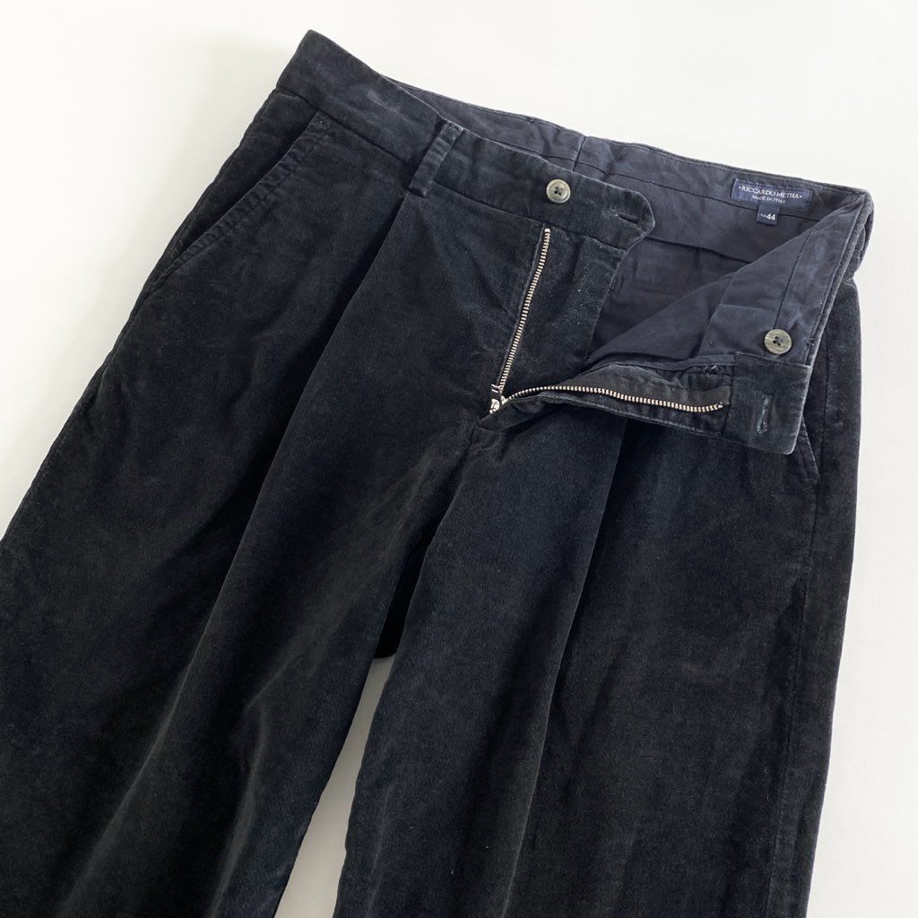9e21 イタリア製 RICCARD METHA リカルドメッサ VELVET 1TUCK WIDE TROUSERS ベルベット ワンタック ワイドトラウザーパンツ ボトムス RM180VL25141 44 ブラック コットン
