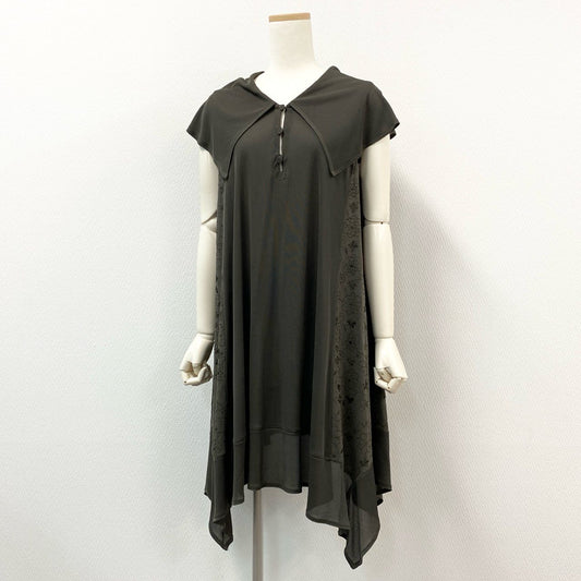 31i8 TOKUKO 1er Vol トクコプルミエヴォル 日本製 花柄刺繍 ノースリーブチュニック シアー素材切替 ワンピース トップス 9 Mサイズ カーキ レディースo07t