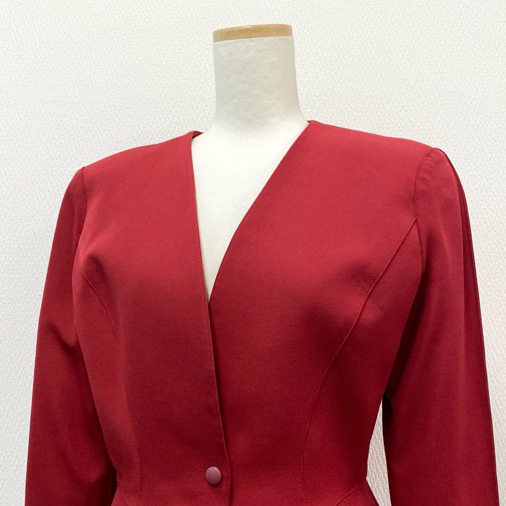 63d8-12 Thierry mugler ティエリー ミューグレー テーラードジャケット ノーカラージャケット 変形デザイン サイズ9 レッド ウール100% レディース