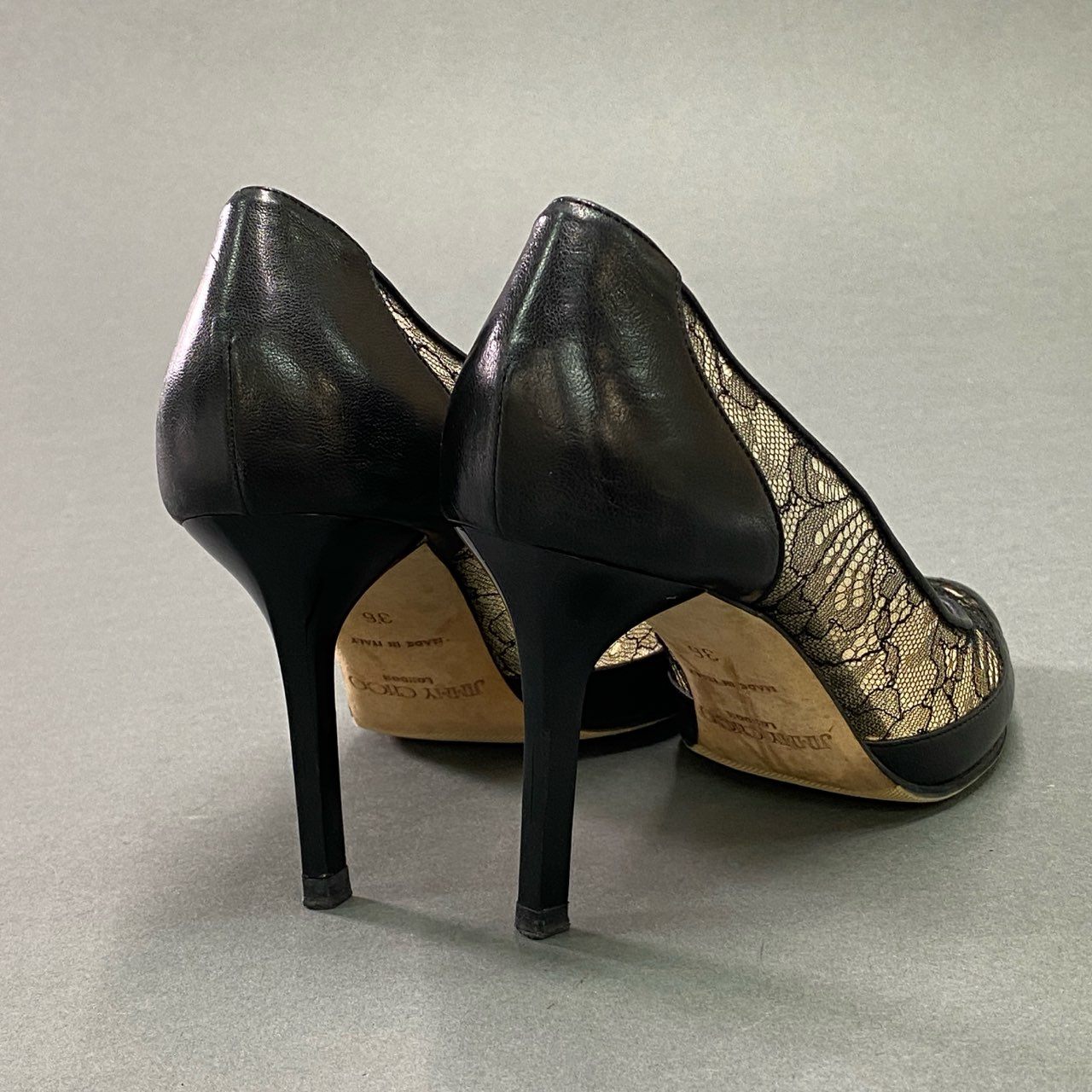 5c21 JIMMY CHOO ジミーチュウ フラワーレースパンプス 36 ブラック レザー イタリア製 シューズ