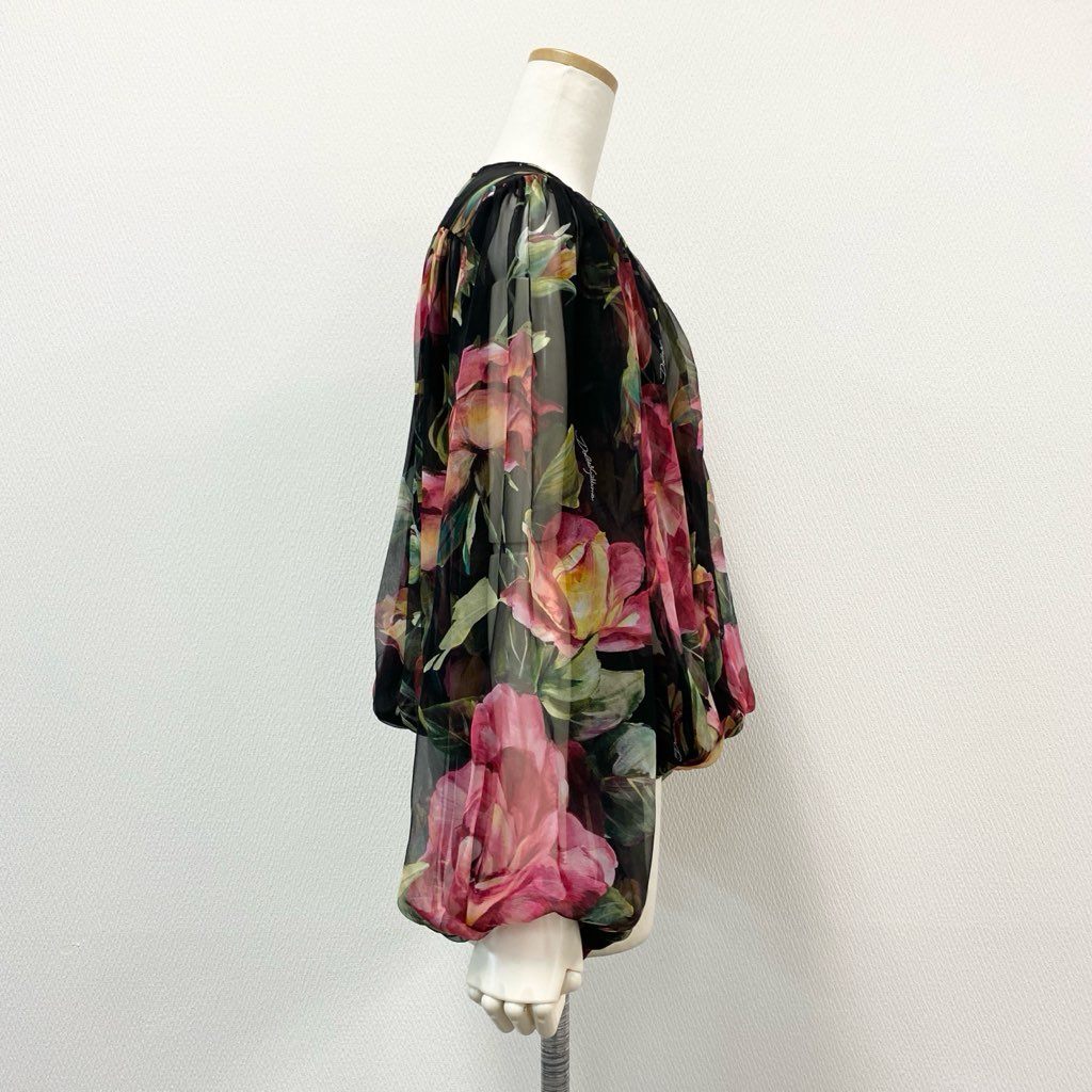 4f7 【美品】 DOLCE&GABBANA ドルチェ&ガッバーナ シルク100% 花柄シアーブラウス パフスリーブ ローズプリント サイズ36 マルチカラー レディース ブラウス