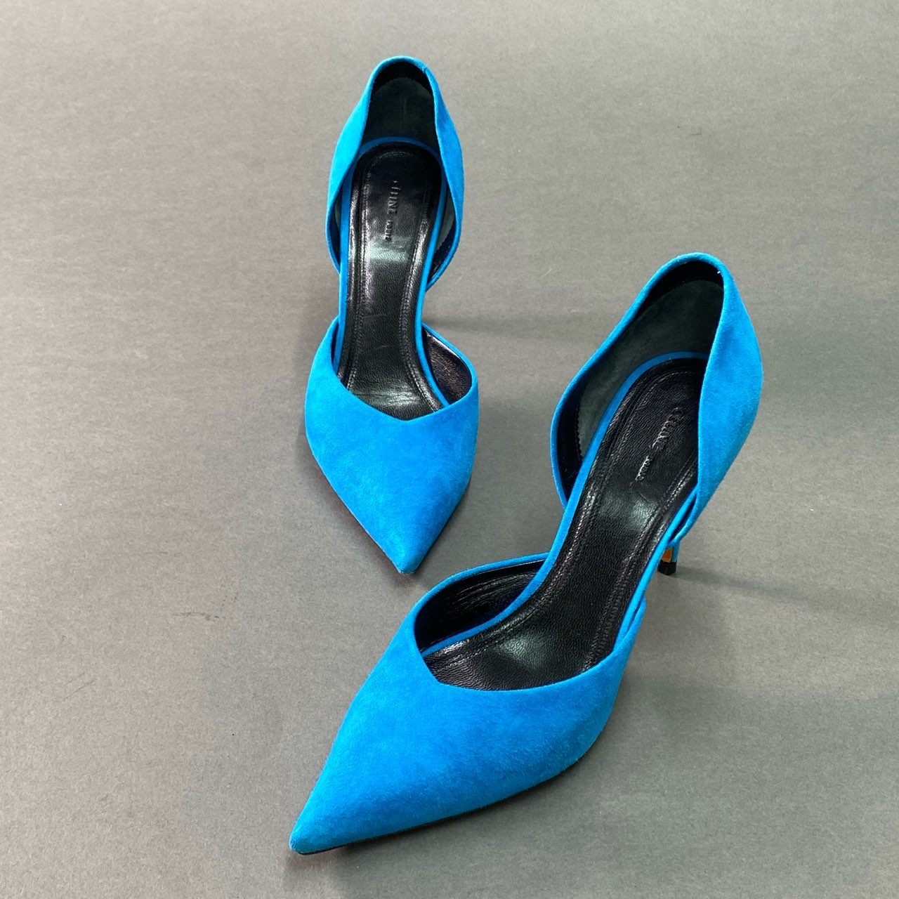 6f4 《美品》 CELINE セリーヌ D'Orsay ドルセー サイドオープン スエードパンプス 36.5 ターコイズ ブルー レザー シューズ 箱付き