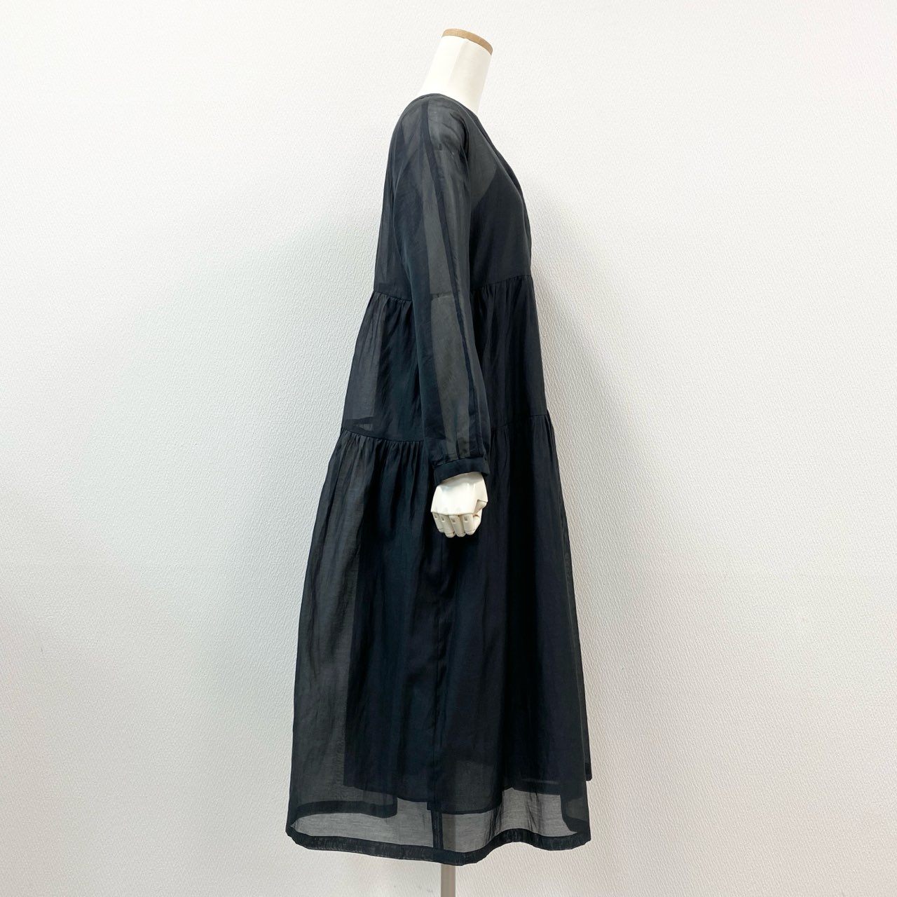 53j17《美品》’S MaxMara エスマックスマーラ ロングフレアワンピース シアーワンピース 長袖ワンピース ノーカラー 38サイズ ネイビー レディースu02t