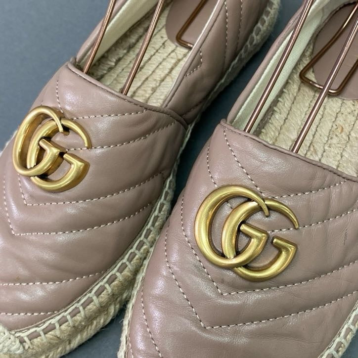 5l22 GUCCI グッチ GGマーモント エスパドリーユ レザースリッポン 36 ピンク Leather スペイン製 シューズ