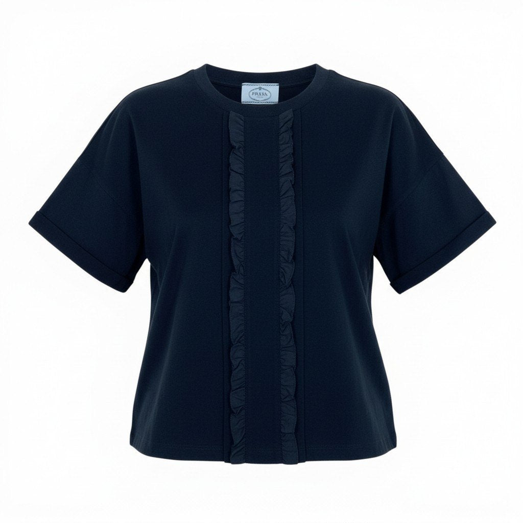 Eb9 PRADA プラダ フリル装飾 半袖カットソー Tシャツ トップス L ネイビー コットン レディースk02i Eb9 PRADA プラダ フリル装飾 半袖カットソー Tシャツ トップス L