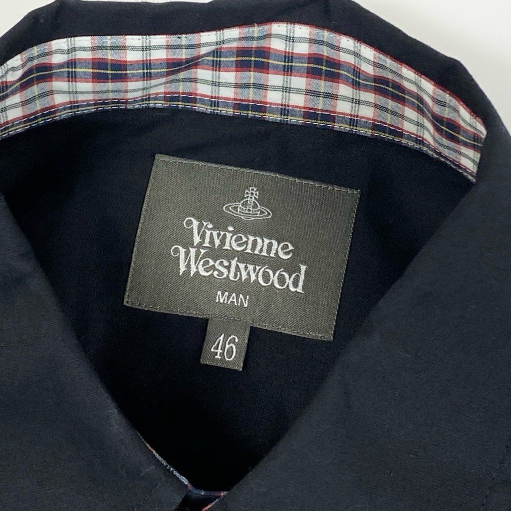 9f8 《新品保管品》 Vivienne Westwwod MAN ヴィヴィアンウエストウッド マン 胸元オーブ刺繍 長袖シャツ トップス チェック切替 サイズ46 ブラック コットン100% メンズ 紳士服