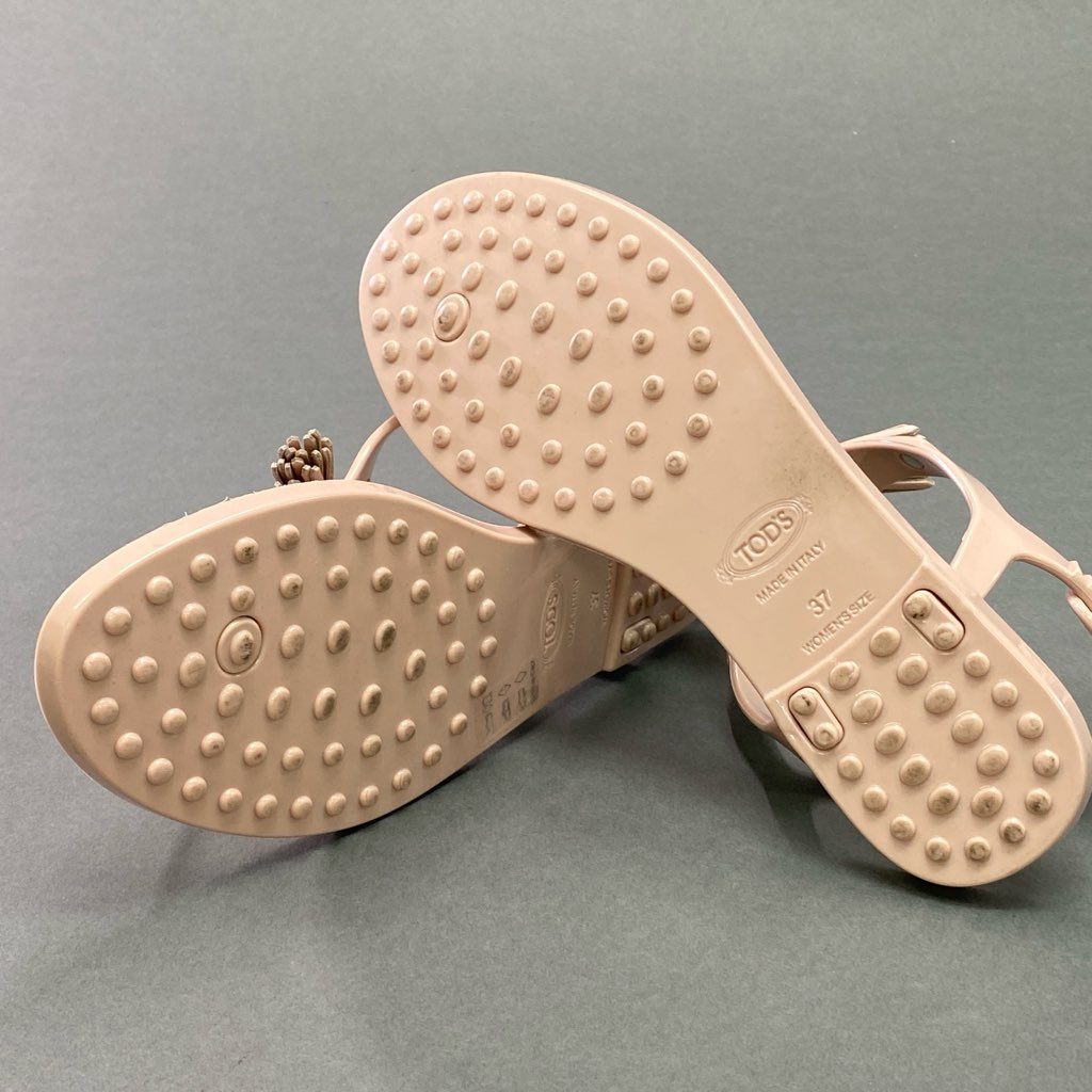 4d7 【美品】 TODS トッズ トングサンダル タッセル レザーサンダル ラバー バックストラップ レディース シューズ 37 ライトピンク