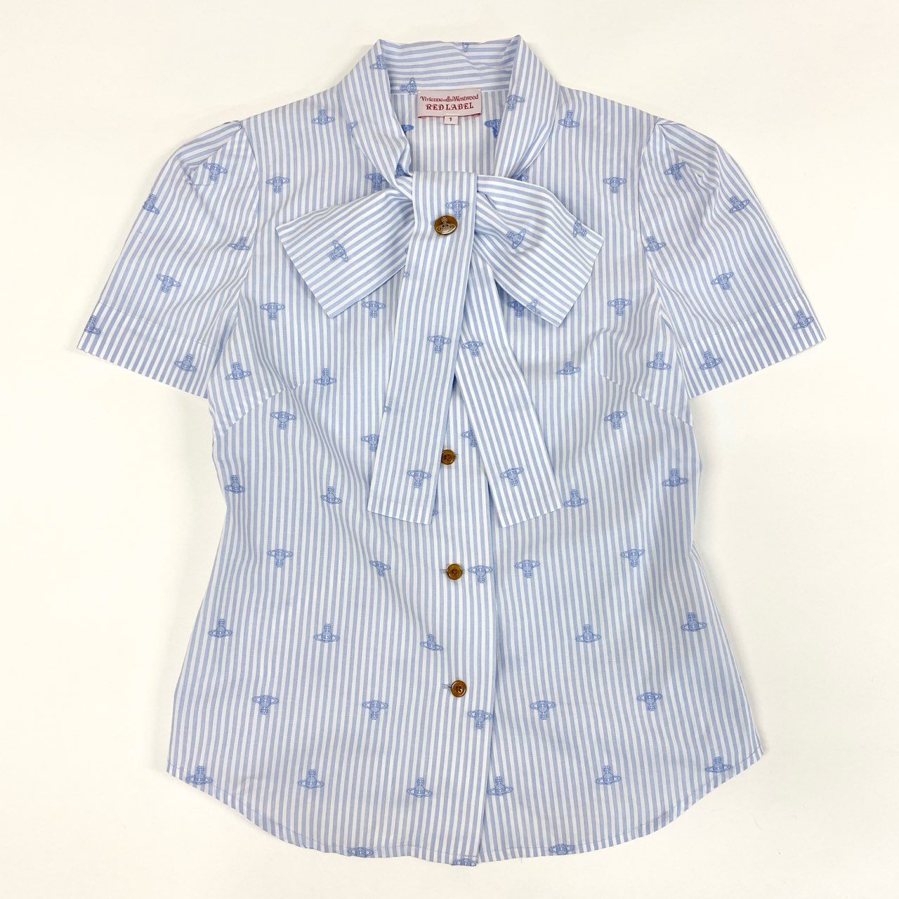 4c28 Vivienne Westwood RED LABEL ヴィヴィアンウエストウッド レッドレーベル 半袖シャツ ボウタイ リボン ストライプシャツ オーブ刺繍 オーブ柄 コットンシャツ 16401M 1 ブルー ホワイト コットン100%
