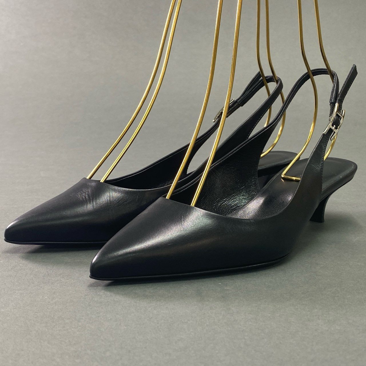 5c18 HERMES エルメス アピ スリングバック ヒール パンプス H金具 シューズ 36 ブラック レザー