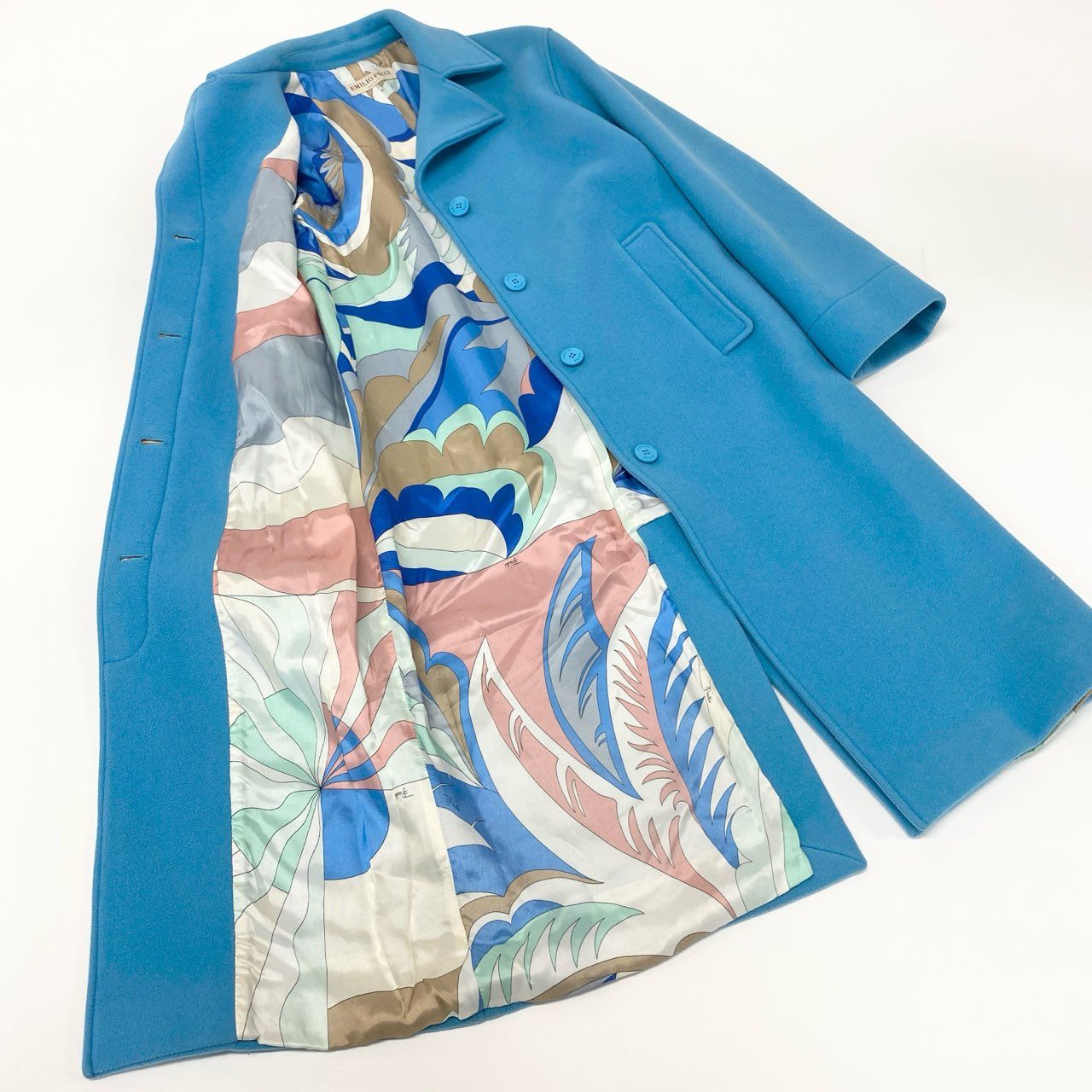 63j9 EMILIO PUCCI エミリオプッチ イタリア製 ステンカラーコート ロングコート 裏地総柄 比翼 レディース 女性用 9ERA05 40 ライトブルー ウールu02t