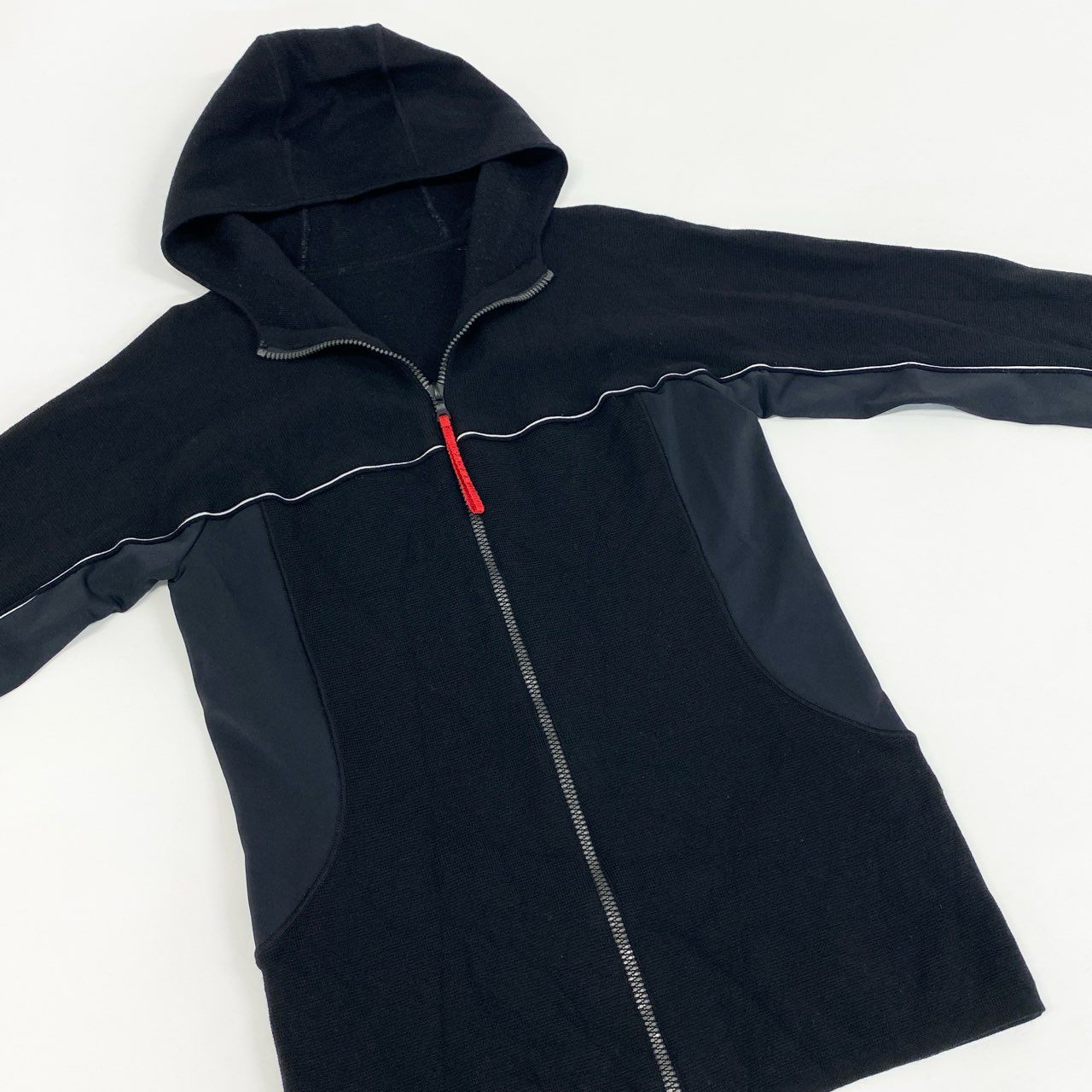 67d21 PRADA SPORT プラダスポーツ ナイロン切替 ジップアップ ニットジャケット フーディ パーカー イタリア製 46 ブラック ウール
