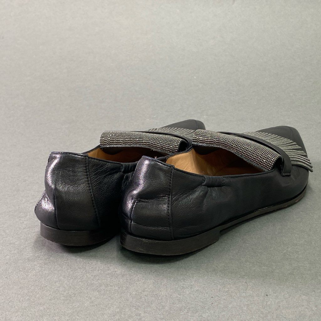 2e10 BRUNELLO CUCINELLI ブルネロクチネリ ラメフリンジ ローファー 37 1/2 ブラック レザー 革靴 フラットシューズ イタリア製