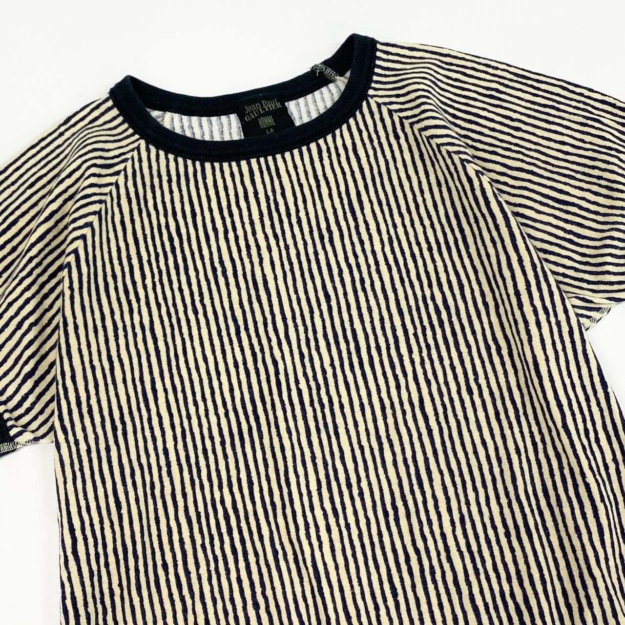 7f11 Jean Paul GAULTIER HOMME ジャンポールゴルチエオム 00s ストライプ チビTシャツ LA ネイビー アイボリー 画像参照 カットソー ミニT Vintage