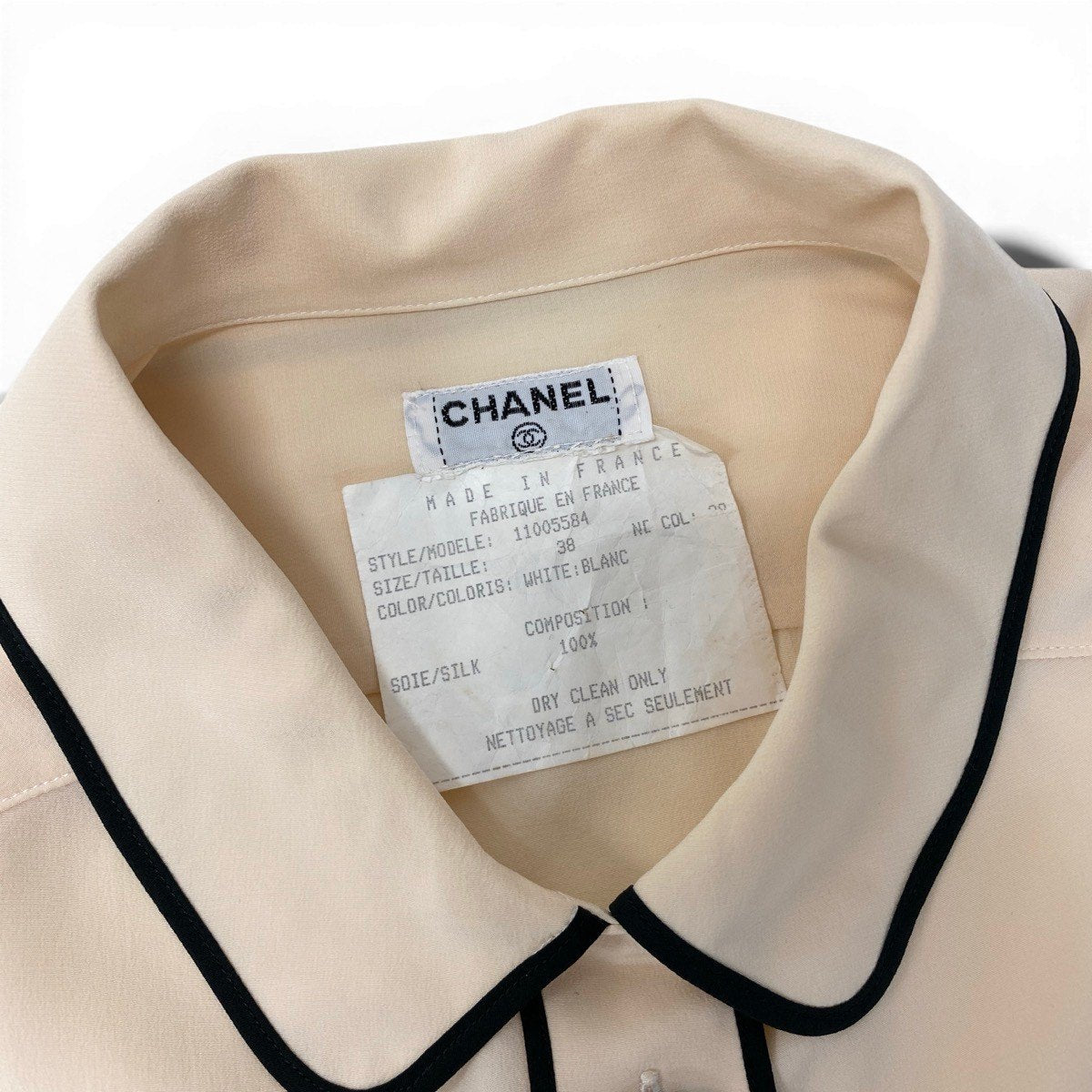 Cg10 CHANEL 90's ロングスリーブシャツ ココマークボタン 38サイズ アイボリー ブラック シルク100% レディース 女性用ta1