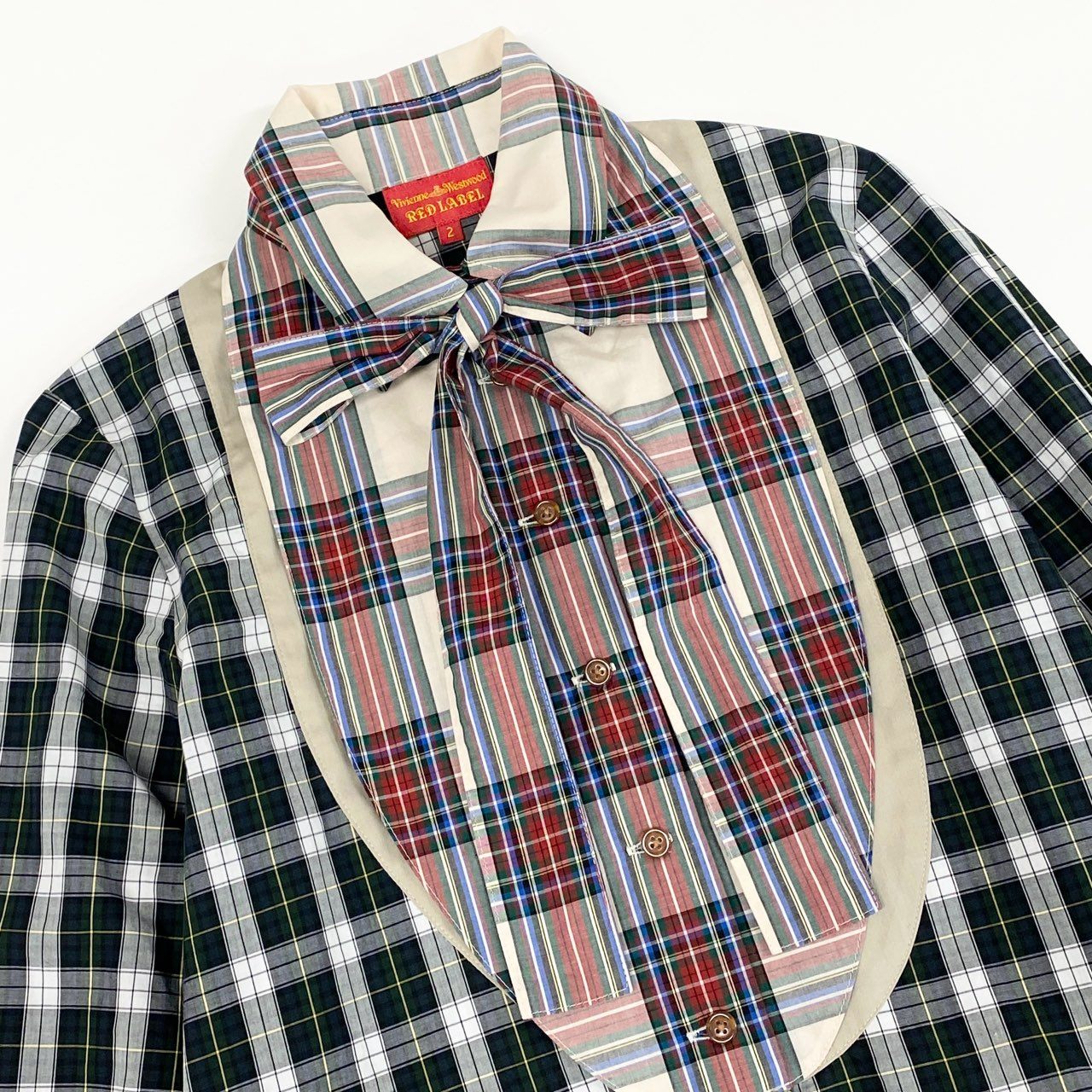 5c21 【美品】 Vivienne Westeood RED LABEL ヴィヴィアンウエストウッド レッドレーベル オリゾンティ期 ブラウスシャツ リボン ボウタイ ギンガムチェック 長袖シャツ 日本製 357-01-83009 M グリーン レッド コットン100%