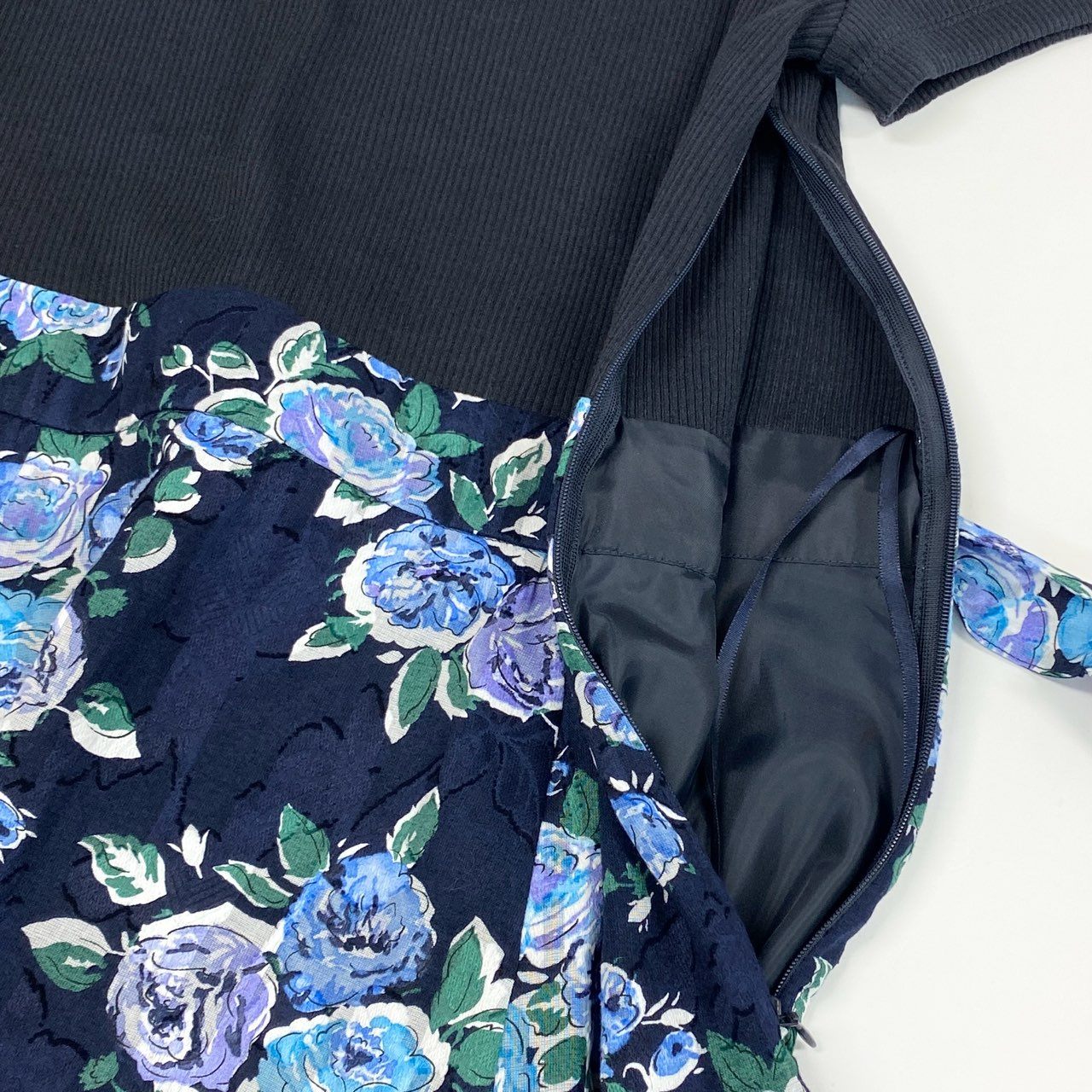 67j6 BLUE LABEL CRESTBRIDGE ブルーレーベル クレストブリッジ ドッキングワンピース 花柄ワンピース 半袖 リブニット レディース 女性用 38 ブラック ネイビーu02t